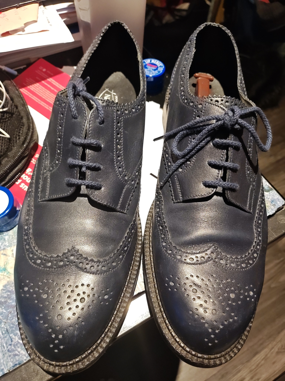 Men's Navy Leather Wingtip Derby Shoes - Classic Brogue Finish